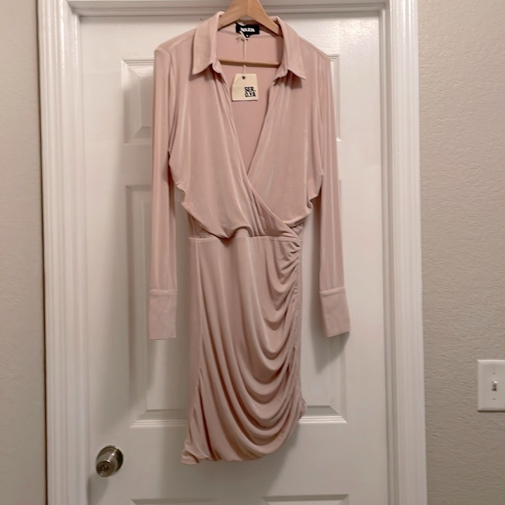 SER.O.YA Cami Ruched Mini Shirt Dress Beige Size L